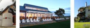 1Three images side by side, a Persinger Architects mug, outdoor resort seating, and a house with a second story porch.