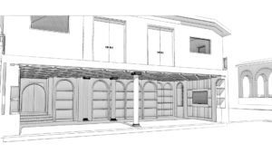 Black and white pencil drawing style picture of residence library and atrium.